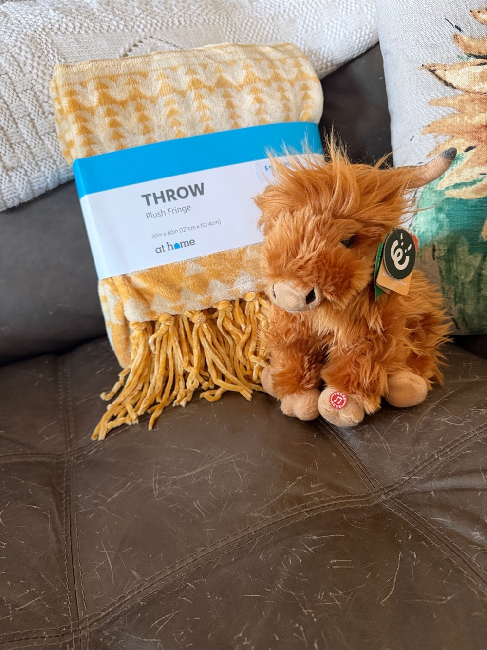 Living Nature Highland Cow w/Plush Light Blue Plaid Fringe Throw Blanket NWT